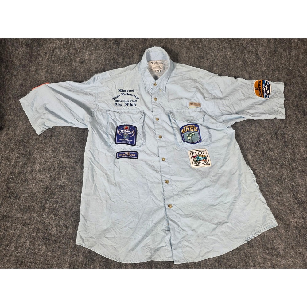 Columbia PFG Shirt Mens Medium Blue Fishing Bass Federation Tournament Nylon